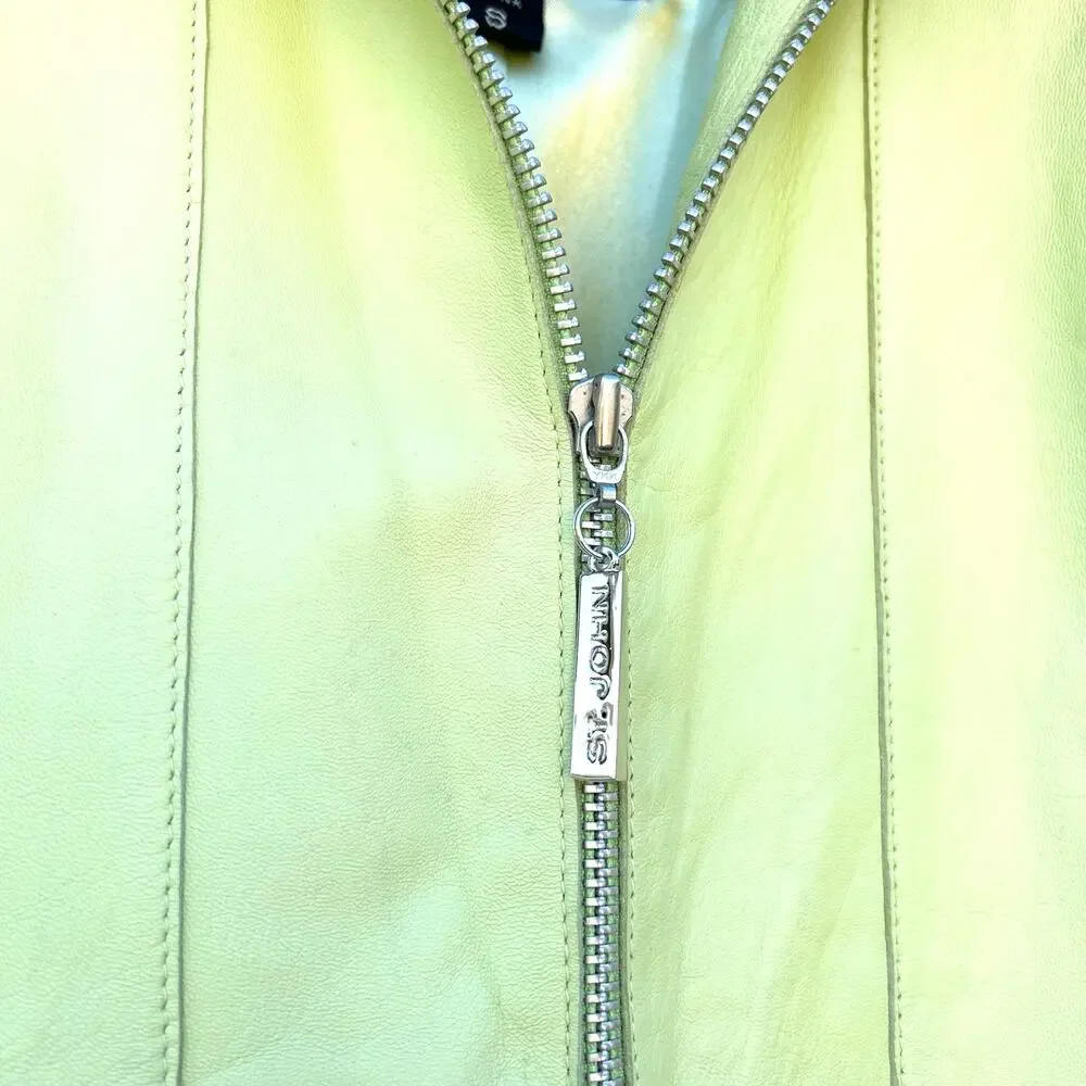 St. John Coats Y2K Vintage Like Green Leather Blazer Jacket Small Zip Statement